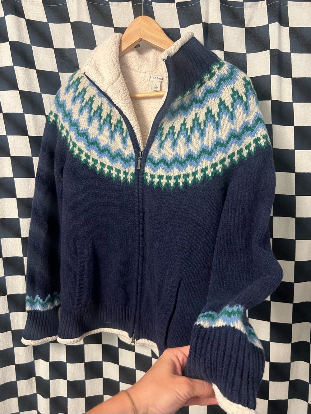 L.L. Bean Wool Fair Isle Sherpa-Lined Zip Cardigan